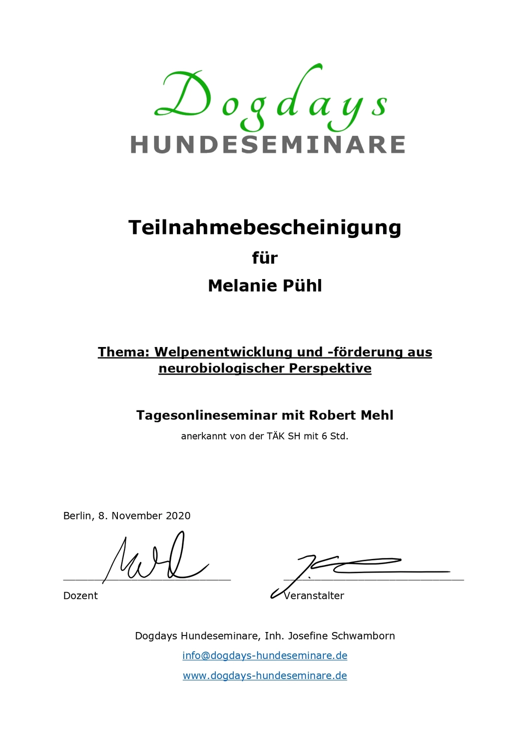Canis-Optimus - Hundetraining - Zertifikat
